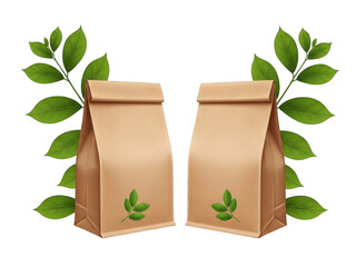 Two brown paper bags with green leaves isolated on a transparent background