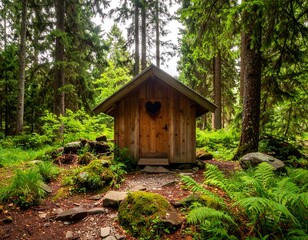 Rustic wooden outhouse with heart cutout stands in a dense, verdant forest surrounded by lush greenery