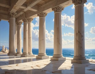 Fototapeta premium Row of white columns with ornate capitals facing a blue sea and sky, reflected in marble floor