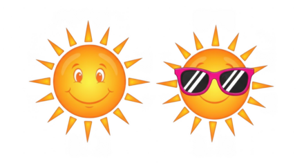 Two cartoon suns with smiling faces and sunglasses on transparent background