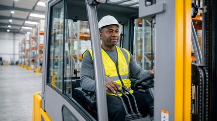 Professional African American forklift driver operating machinery in a modern warehouse distribution center wearing safety vest and hardhat