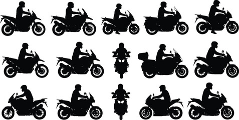 Motorcycle rider silhouettes collection in multiple riding poses and angles, black flat vector illustration set for transport design, racing themes, biker icons, mobility concepts © Hey There
