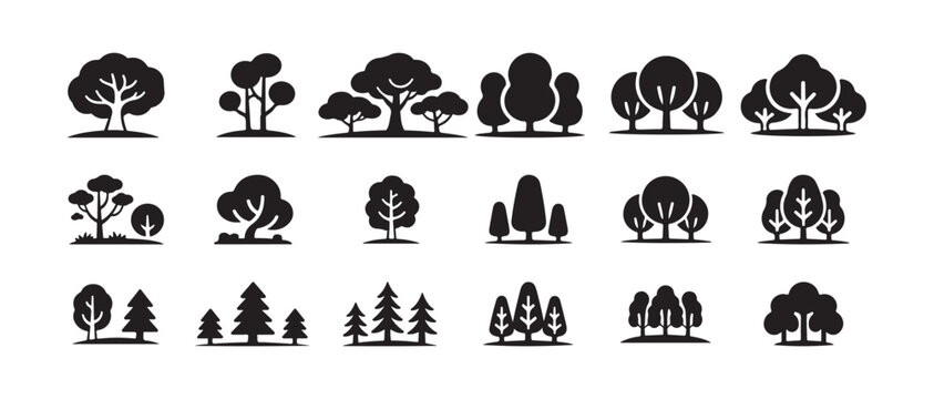 Collection of fifteen varied black silhouette icons displaying groups of trees for landscape scenery creation