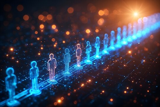 Digital Human Network Line &ndash; Futuristic Blue Holographic Workforce - Perfect for digital transformation landing pages, HR, tech,  HCM software hero sections, AI workforce visuals  