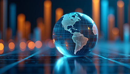 Transparent Globe with Visible Continents and Glowing Stock Market Charts, Global Finance and Generative AI Concept