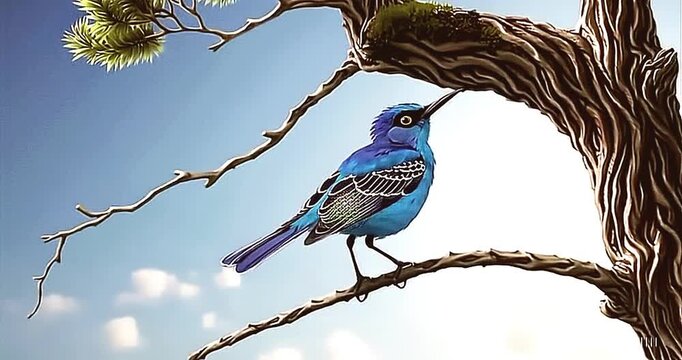 Azure Songbird Perched: A captivating illustration features a vibrant azure songbird perched gracefully upon a tree branch, harmonizing with the azure sky, a gentle breeze rustling through the leaves