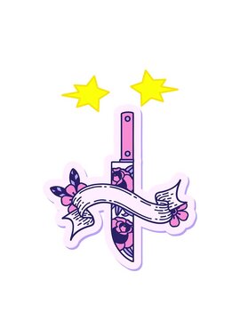 spinning stars animation of tattoo style sticker with banner of a dagger and flowers