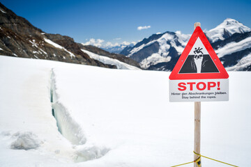 Stop sign prohibiting further access to Aletsch glacier in Switzerland