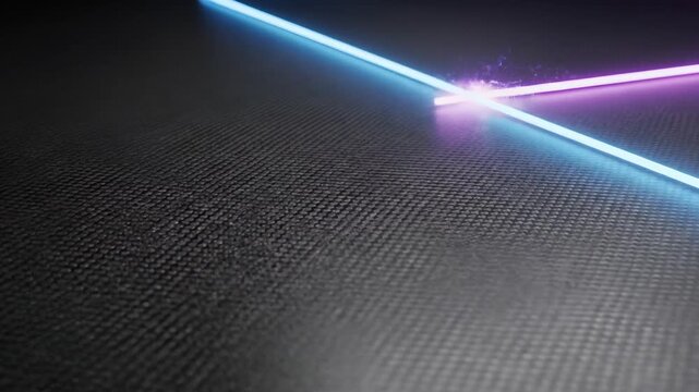 Neon light beams crossing on dark textured background  