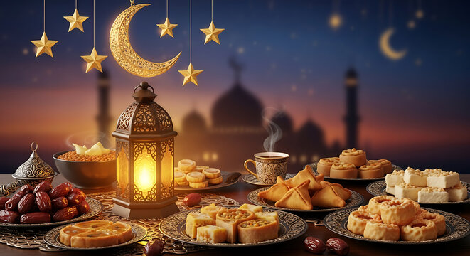 Delicious eid al fitr celebration with traditional food and decor