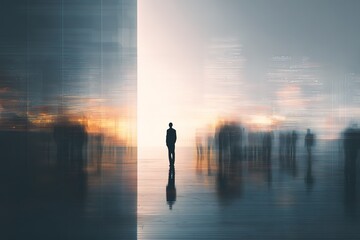 Fototapeta premium Silhouette of a man standing before a glowing portal to another dimension or galaxy