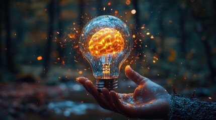 Creative Light Bulb with Brain Inside Surrounded by Sparks in Dark Forest