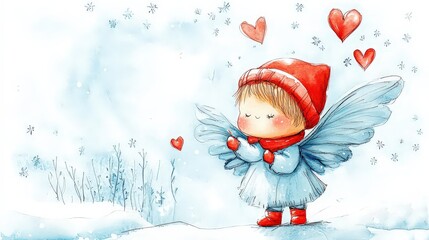 Valentine's Day Watercolor Illustration with Sweet Angel