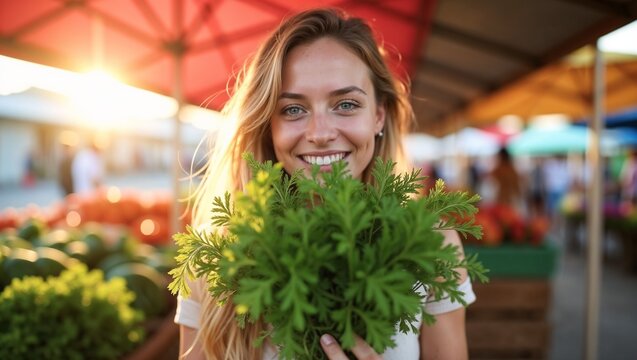 A person smiling, face partially hidden, holding a vibrant bouquet of fresh herbs at a sunlit farmer's market. Backlight creates a glowing outline with a bokeh stall background.