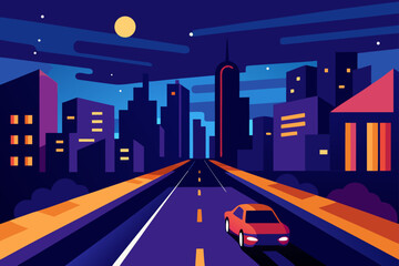 Bustling City Street at Night: Long Exposure with Car Light Trails