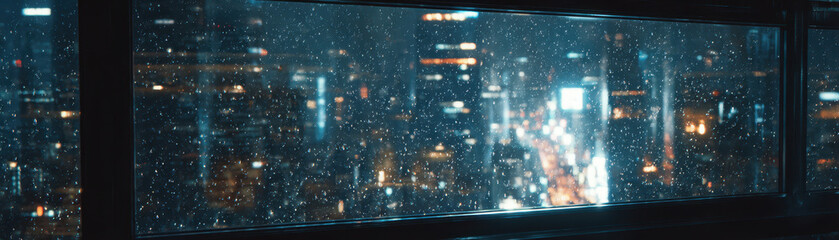 Rainy night cityscape viewed through window with water droplets, blurred lights creating moody and reflective atmosphere