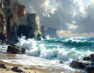 Seascape Waves crash against rocky cliffs under cloudy skies. Coastal scene showcases a dramatic, painterly ocean view