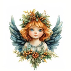 Watercolor illustration of a Christmas angel smiling peacefully. Clip art, on a white background.
