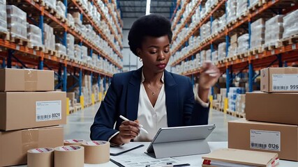 Professional Black woman managing inventory and logistics in a large warehouse, surrounded by shipping boxes and using a digital tablet. - Powered by Adobe