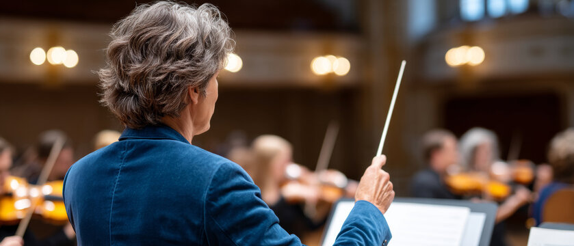 Orchestra conductor leading musicians during a classical music performance in a concert hall with blurred violin players in the background