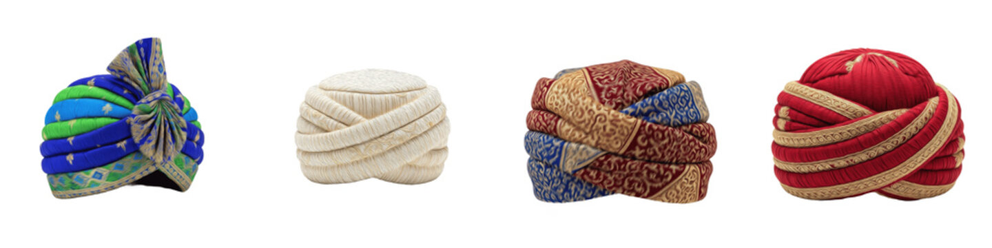 Realistic Traditional Turban and Pagri Collection Featuring Elaborate Wrapped Designs with Rich Textures and Patterns Isolated on White Background PNG Mockup