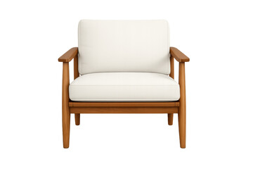 Fototapeta premium Modern armchair featuring elegant wooden frame and white comfortable cushions, clean design creating inviting atmosphere for relaxation, transparent background