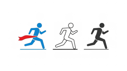 Three running stick figures in different colors and styles side by side isolated on transparent background