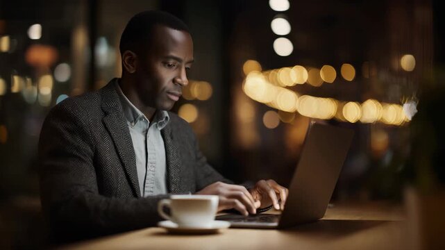 over-the-shoulder view of a man using laptop in a restaurant, screen visible but blurred with no readable text, cozy warm ambient ligh 
