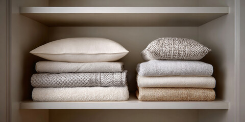Neatly folded towels and decorative pillows arranged on a beige shelf in a minimalist home linen closet