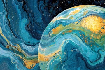 Obraz premium A painting of a planet with a blue and yellow swirl