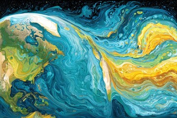 Fototapeta premium A painting of a planet with a blue and yellow swirl