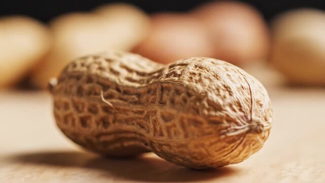 Closeup of a single peanut in its shell resting on a light brown surface with blurred peanuts in the background showcasing its textured surface and natural color.