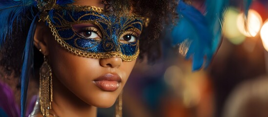 Portrait of a beautiful young African American woman wearing a mask against a carnival or party background