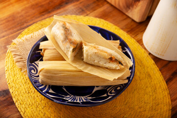 Tamales. Traditional dish typical of Mexico and some Latin American countries. Corn dough wrapped in corn leaves. The tamales are steamed.