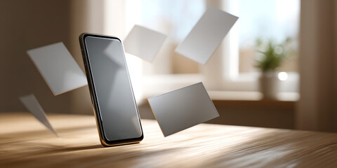 Smartphone standing on wooden table with floating blank business cards in soft natural light and blurred background