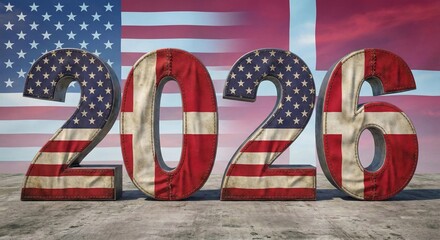 The year 2026 represented by numbers with USA and Denmark flag textures.