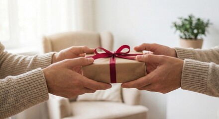 Hands exchanging a beautifully wrapped gift with a red ribbon.