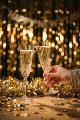 Festive champagne toast with golden decorations and bokeh lights.
