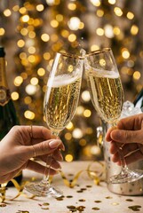Hands toasting with champagne flutes at a festive celebration.