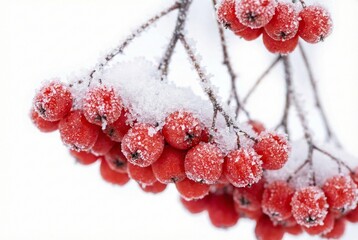 Red rowan berries covered in fresh snow and frost on a winter day.