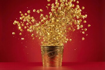 Golden Popcorn Exploding from a Movie Bucket on Red Background