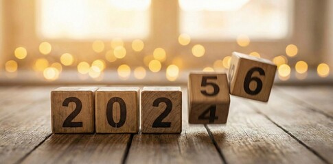 Wooden blocks symbolizing the transition from 2024 to the new year 2026 with festive lights.