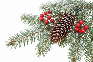 Frosted Fir Branch with Pine Cone and Red Berries on White Background