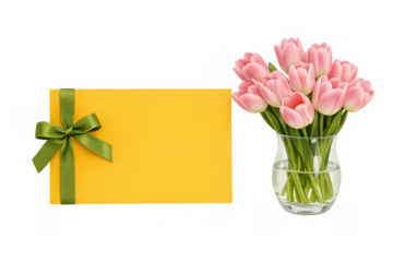 Pink tulips bouquet with yellow gift card and ribbon