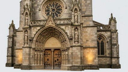 Fototapeta premium Gothic stone church facade with arched entrance and rose window. Historic European architecture featuring religious statues and intricate carvings
