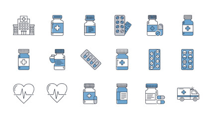 Fototapeta premium Comprehensive Medical and Healthcare Icon Set Featuring Medicine Bottles and Hospital Symbols
