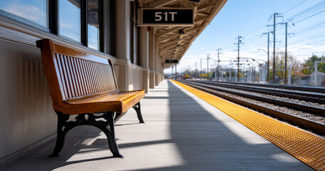 Empty wooden bench on a sunny train station platform with tracks and overhead wires in the background