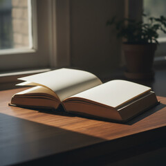Serene ambiance as an open book with blank pages awaits new narratives by a sunlit window, inviting creativity and quiet reflection on a wooden surface