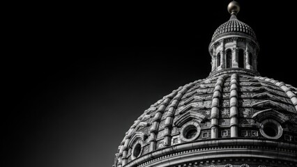 Classical dome architecture with intricate stone details. Historical building monument against a dark background. Low-angle view of a grand cupola