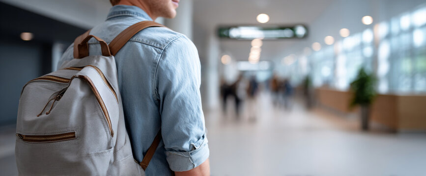 Young man wearing a backpack standing in a modern, bright indoor public space with blurred people in the background
